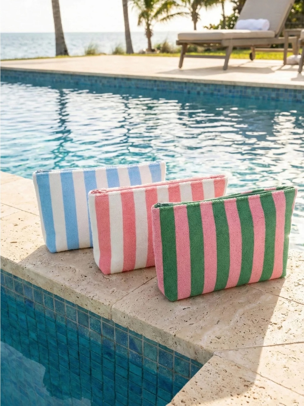 NWT Blue Striped Canvas Zip Pouches 11" x 7" x 2"